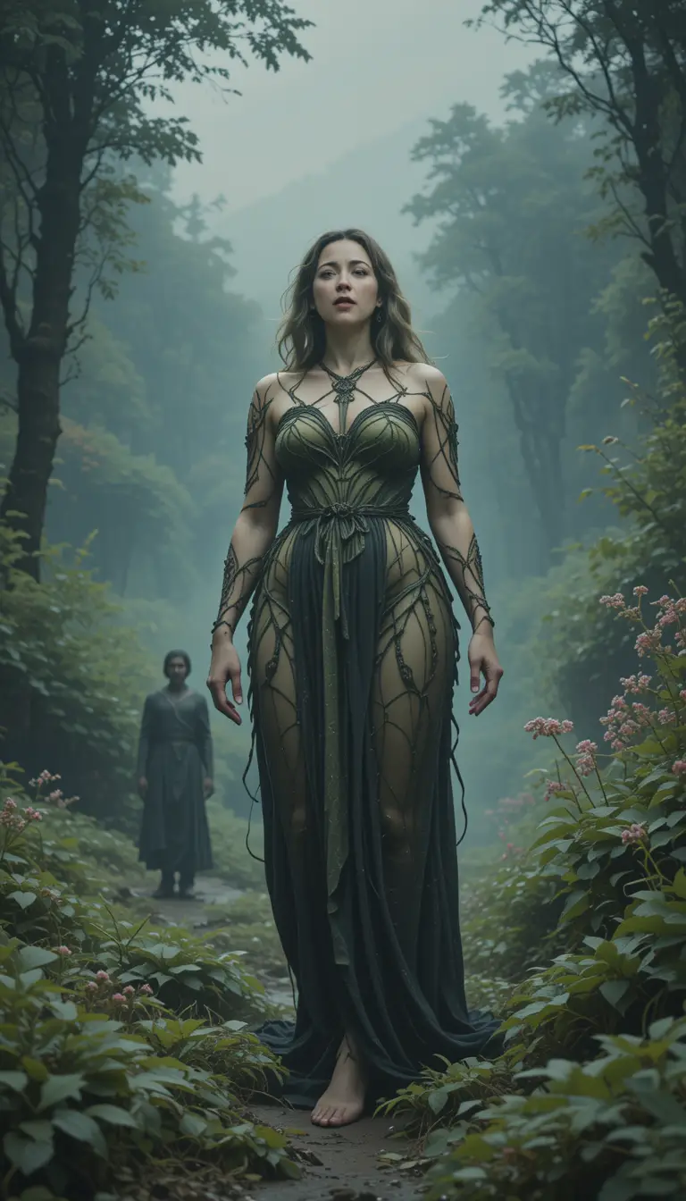 Confident mature woman standing in a lush natural landscape