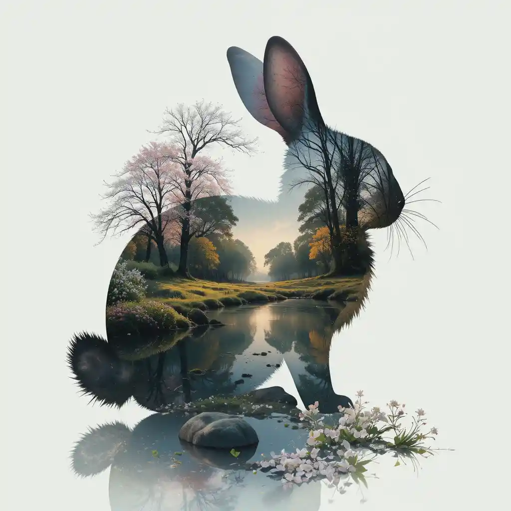 Magical Rabbit Silhouette With Spring Landscape Reflection