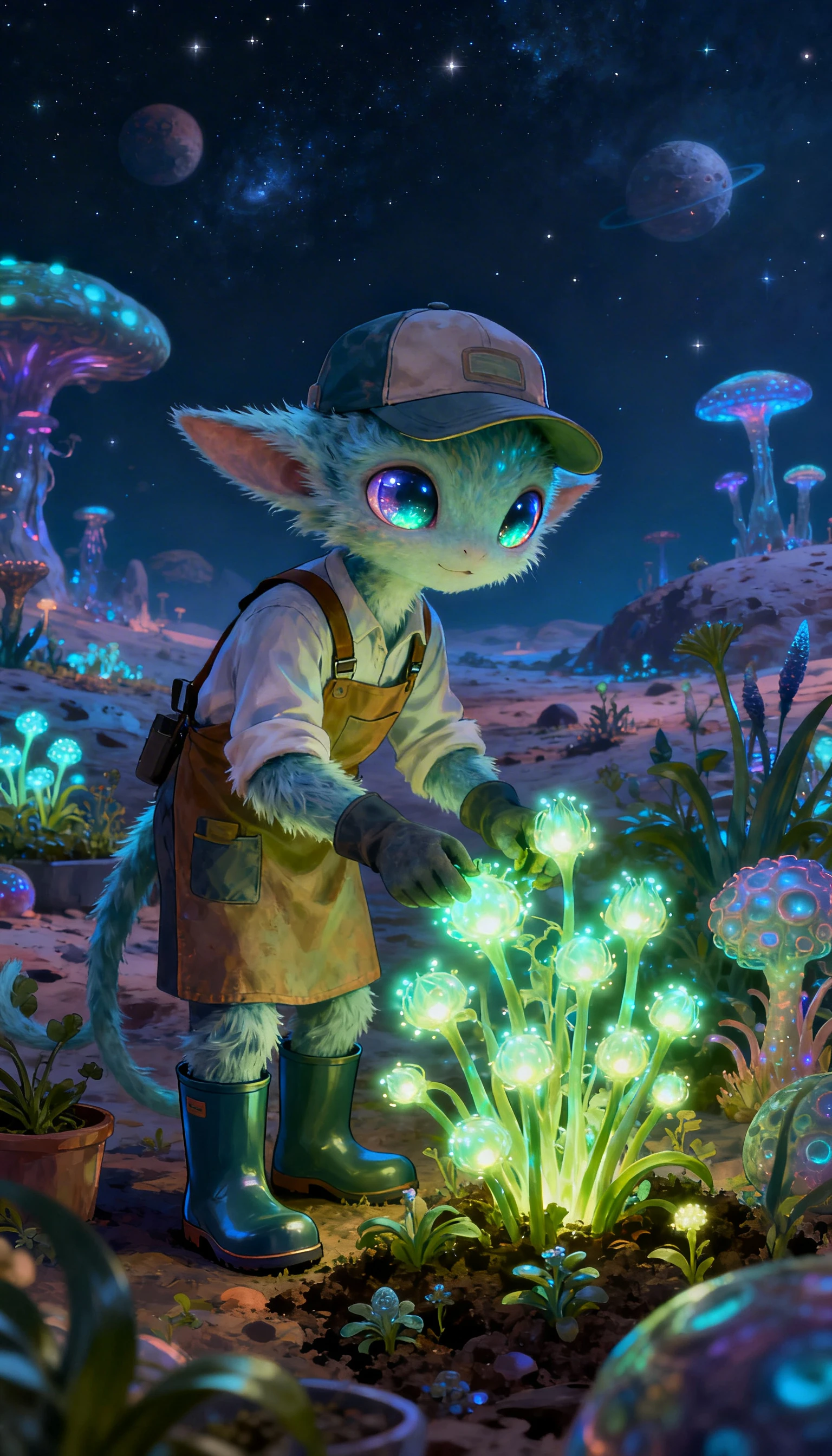 Cute alien botanist tending glowing plants at night