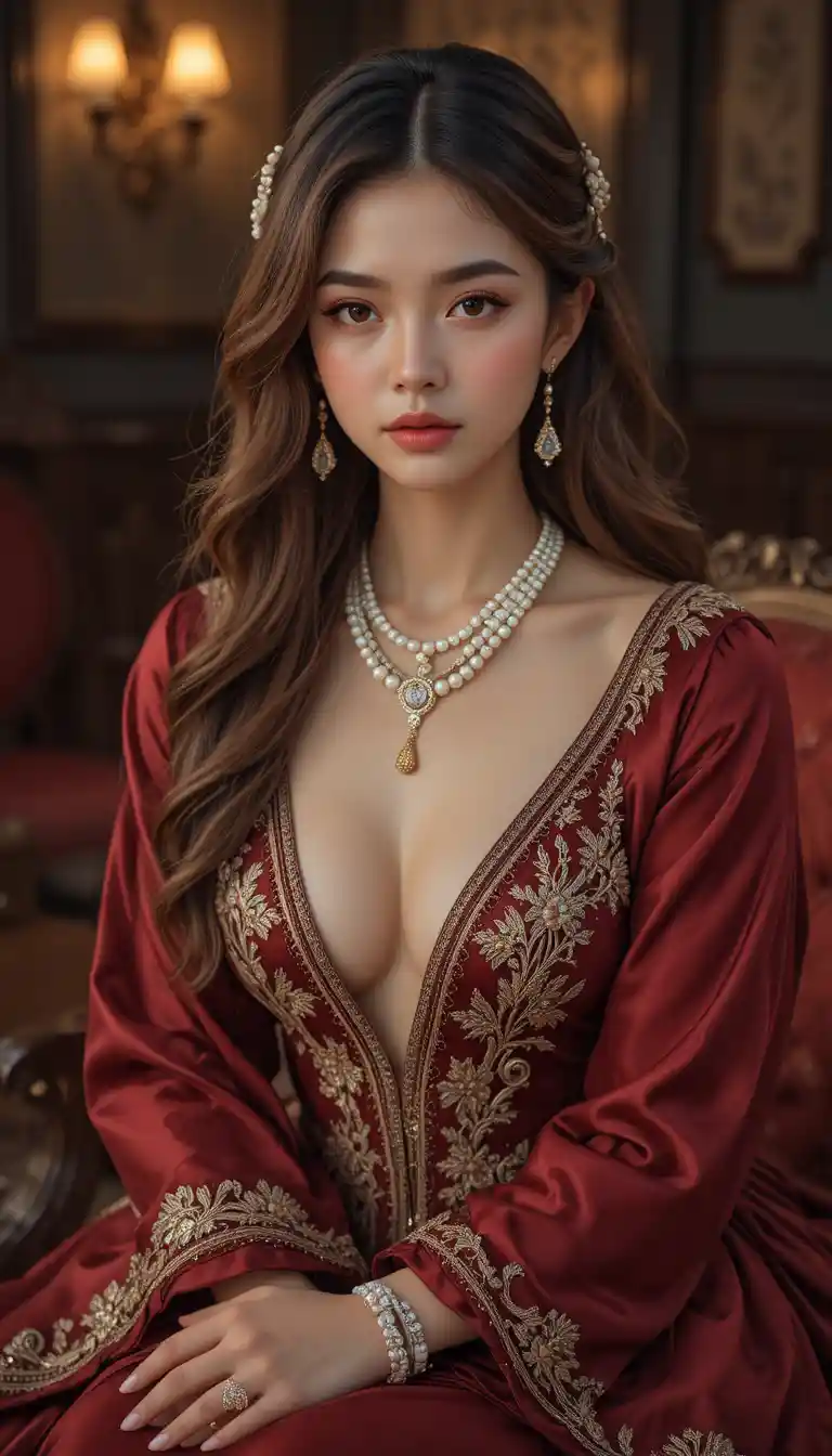 Elegant woman in crimson gown in vintage interior portrait