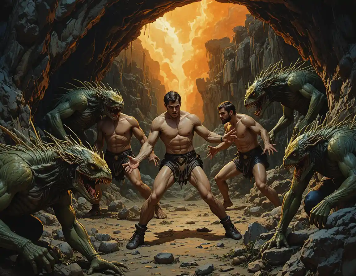 Bare chested warriors battling green beasts in a fiery cave