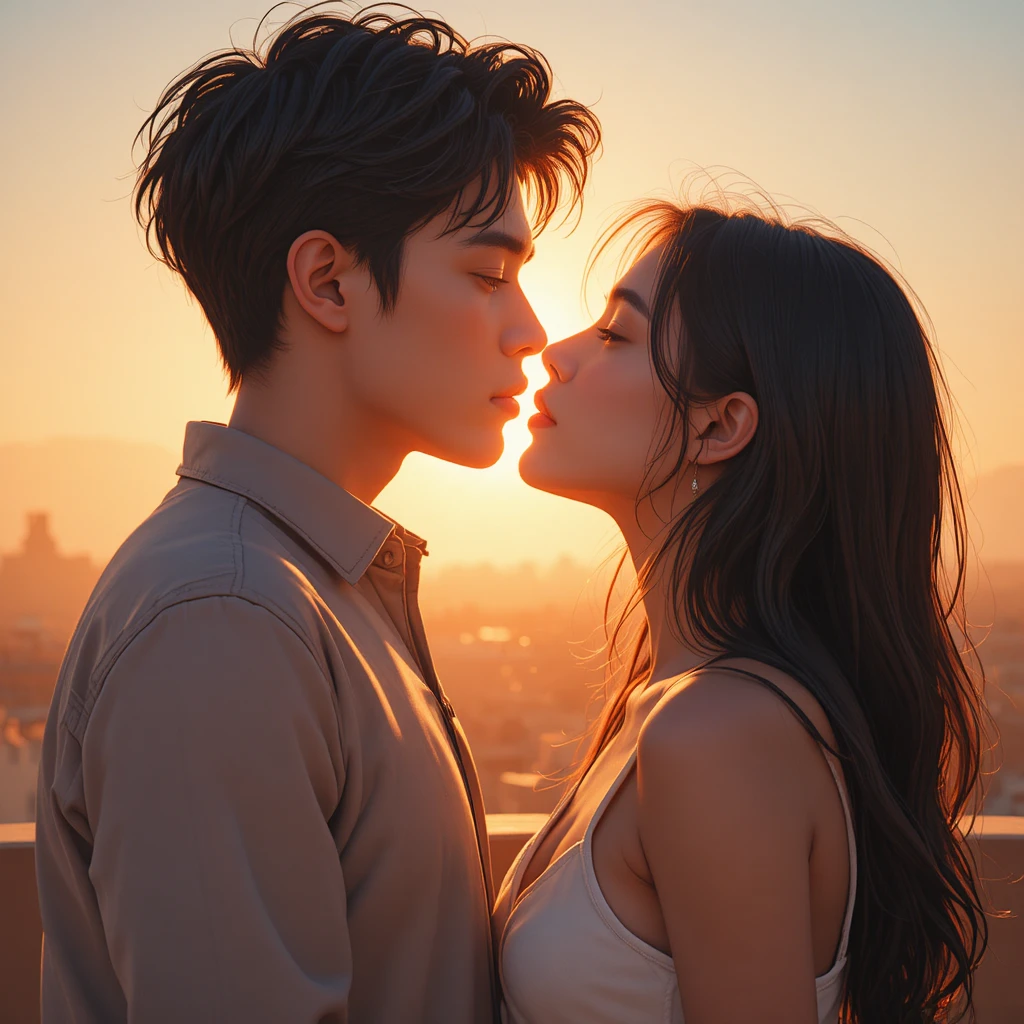 Adolescenti latini che condividono un quasi bacio su un rooftop al tramonto