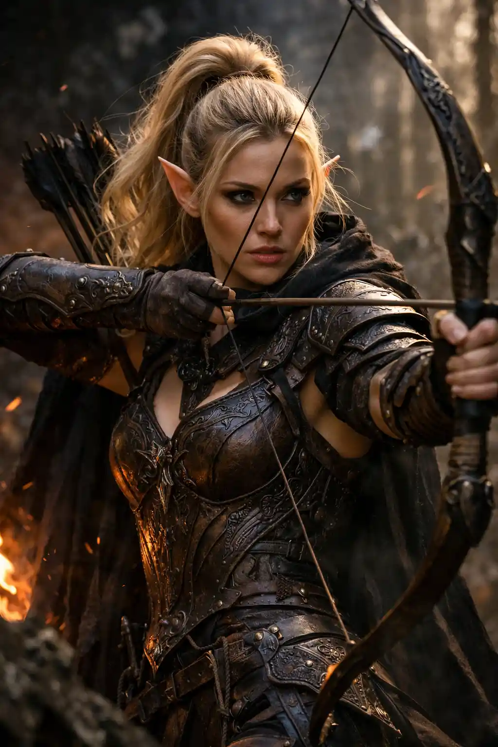 Dark elf archer woman in ornate leather armor portrait
