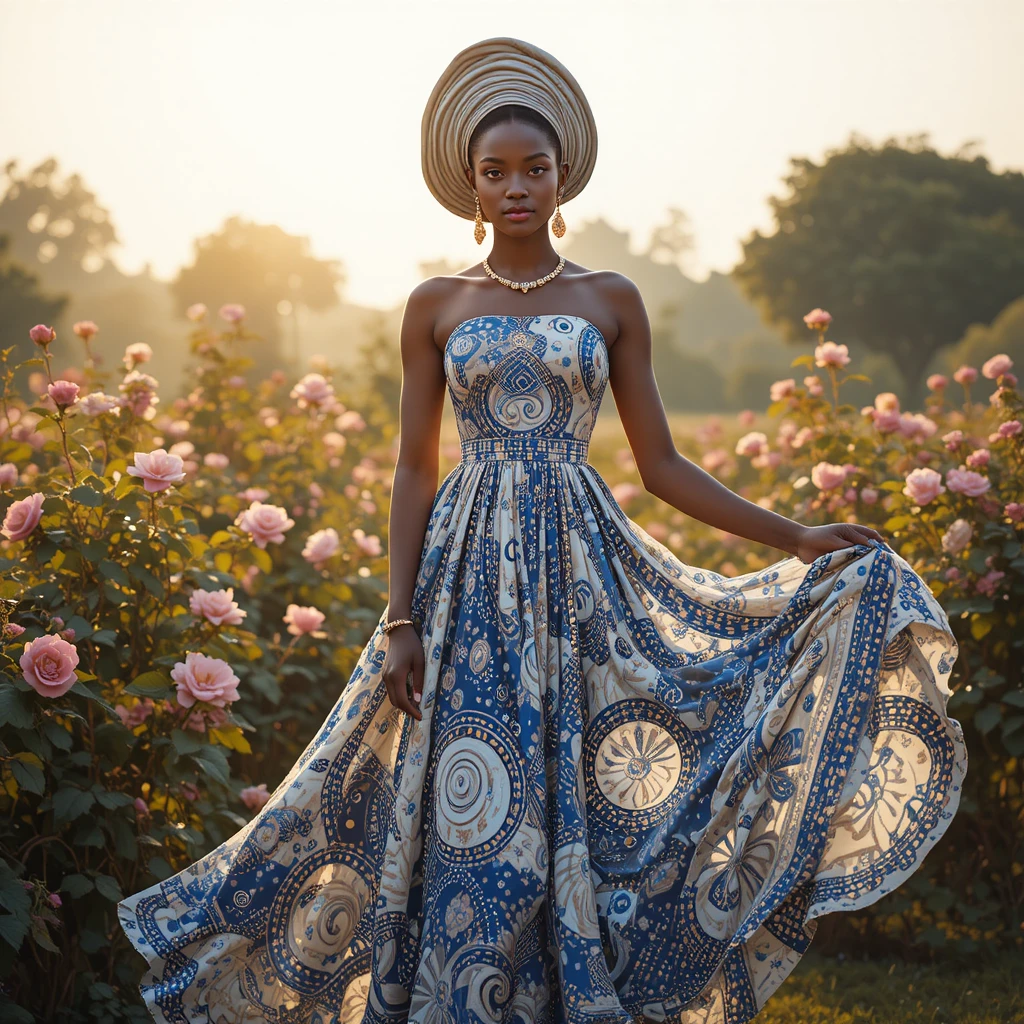 African woman in indigo dress posing in a sunlit garden