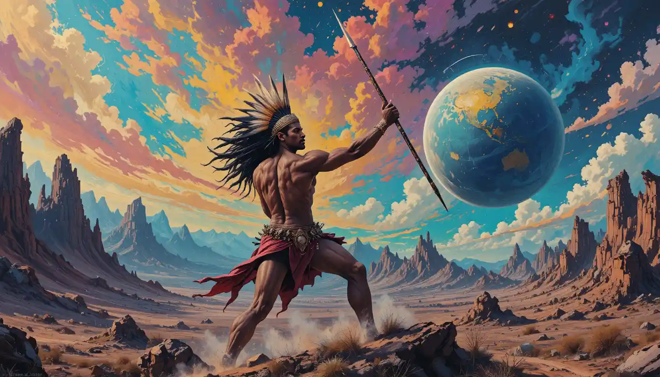 Muscular warrior hurling a spear at a giant planet
