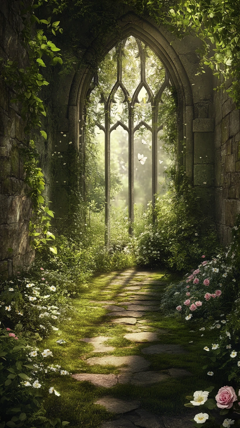 Enchanted Garden Path Leading To A Gothic Stone Window