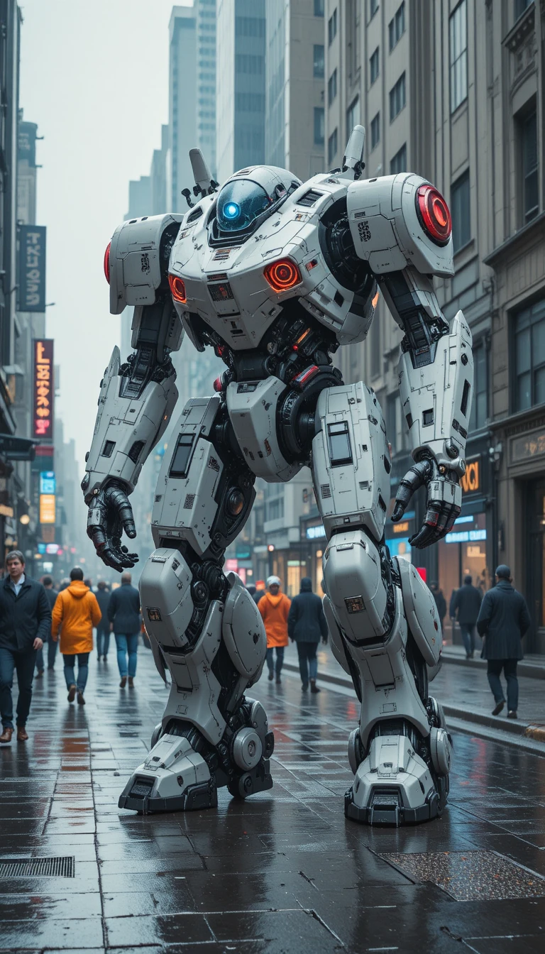 Mech bianco futuristico che avanza in una strada cittadina piovosa
