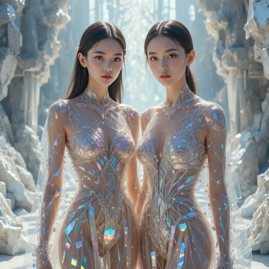 Two women in crystal dresses under dramatic refracted light