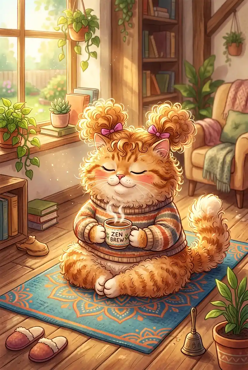 Gato fantástico meditando com café em um tapete de ioga