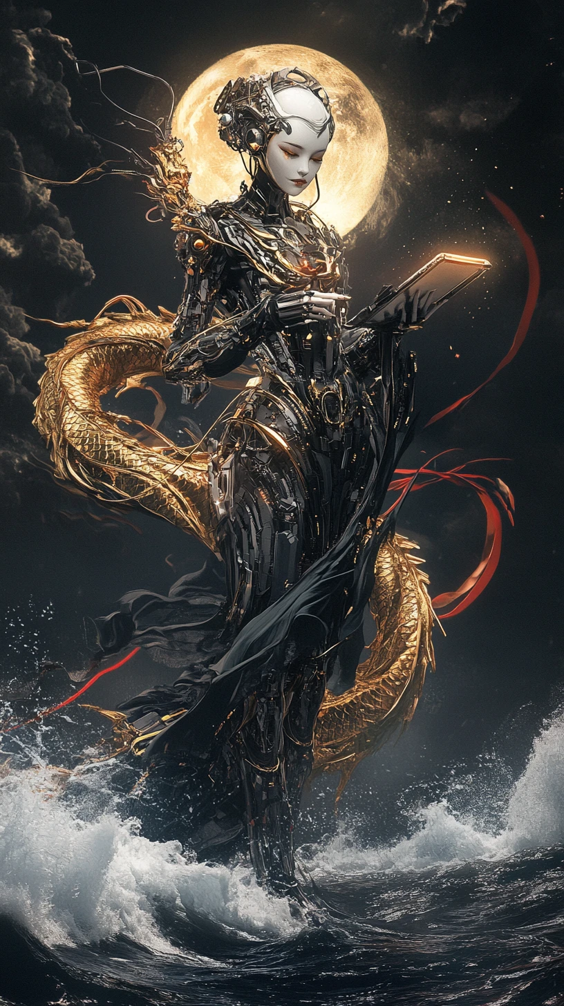 Cyberpunk mechanical goddess standing on glowing ocean waves