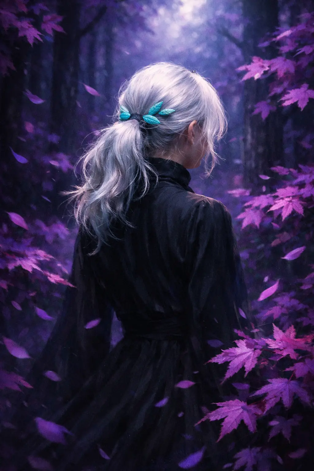 White haired woman in black dress in purple forest