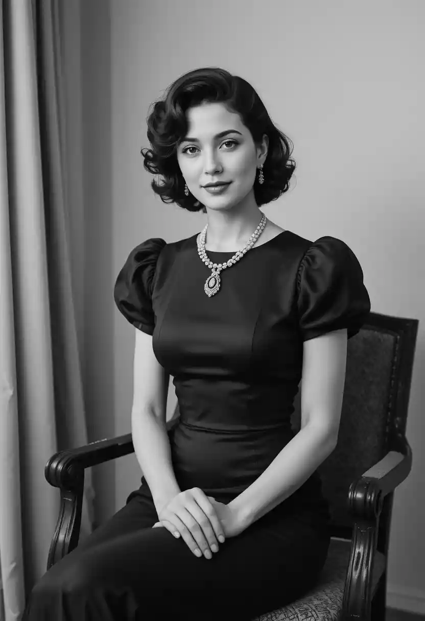 Elegant woman in vintage satin dress seated indoors