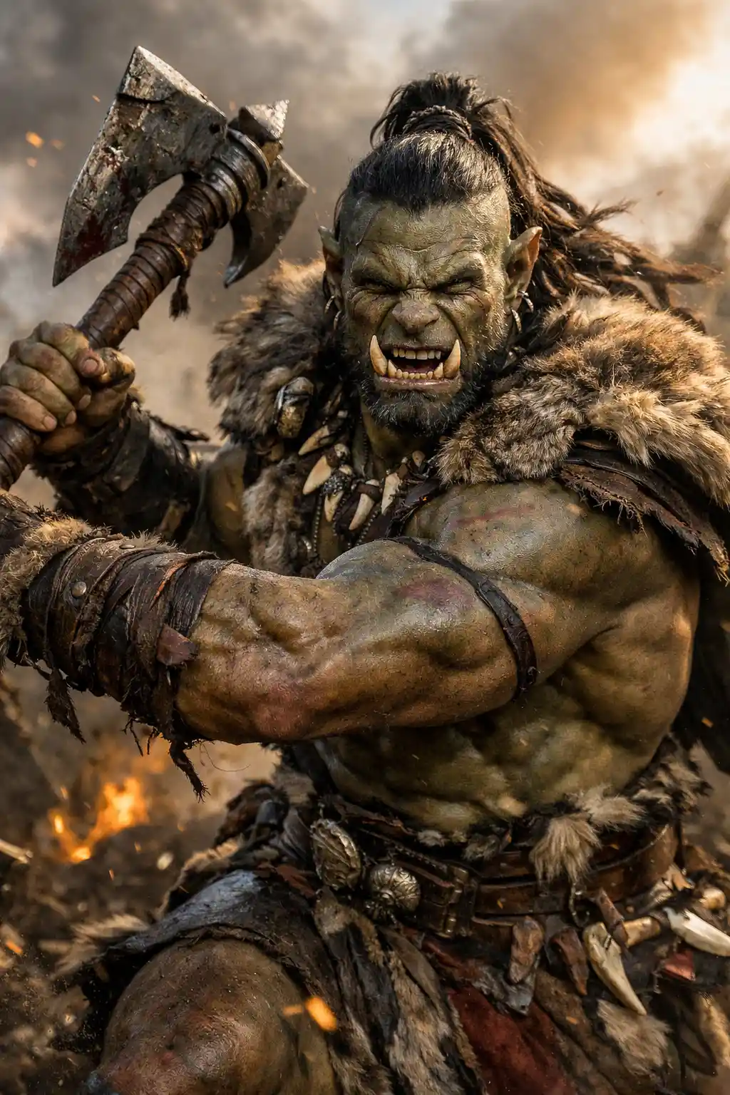 Guerriero orco barbaro fotorealistico con ascia e pelli