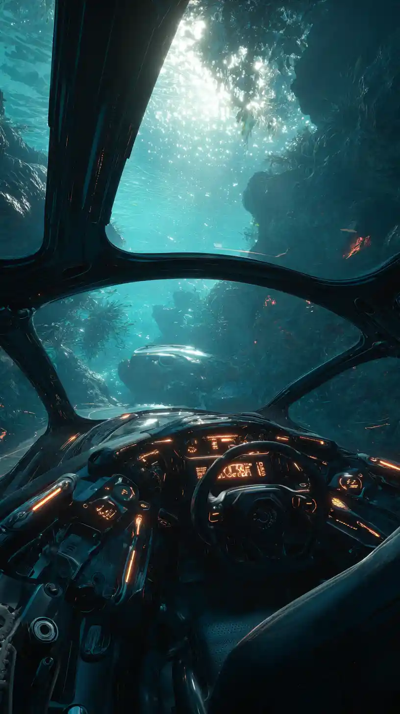Surreal Deep Ocean View From High Tech Submersible Cockpit