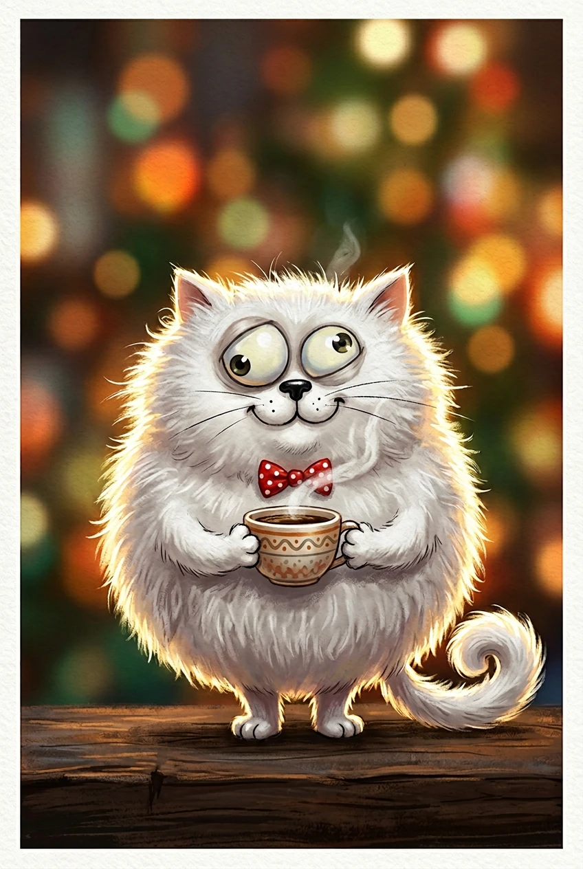 Fluffy White Cartoon Cat Holding A Coffee Cup
