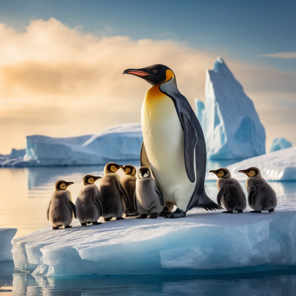 Pingüino rey acurrucando a sus polluelos sobre un iceberg polar resplandeciente
