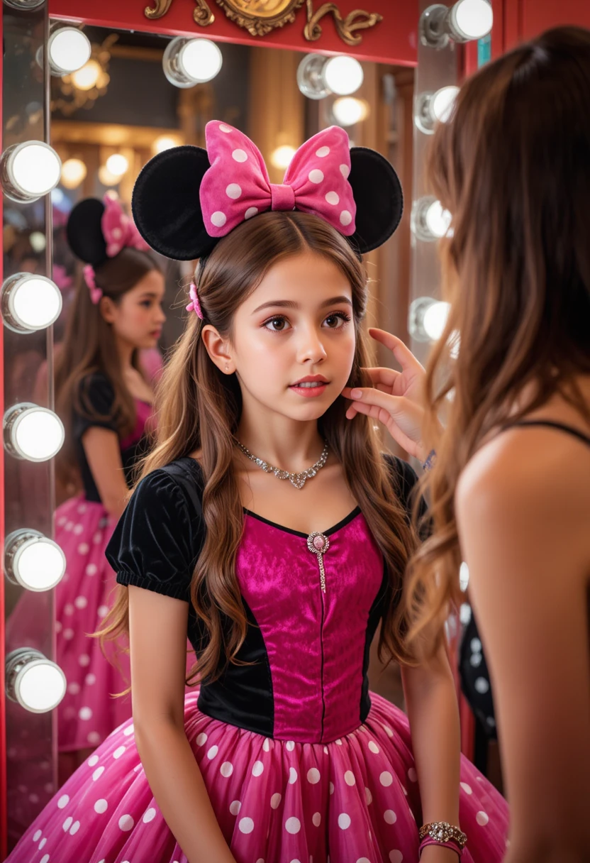 Niño pequeño con vestido de Minnie maquillándose en una boutique
