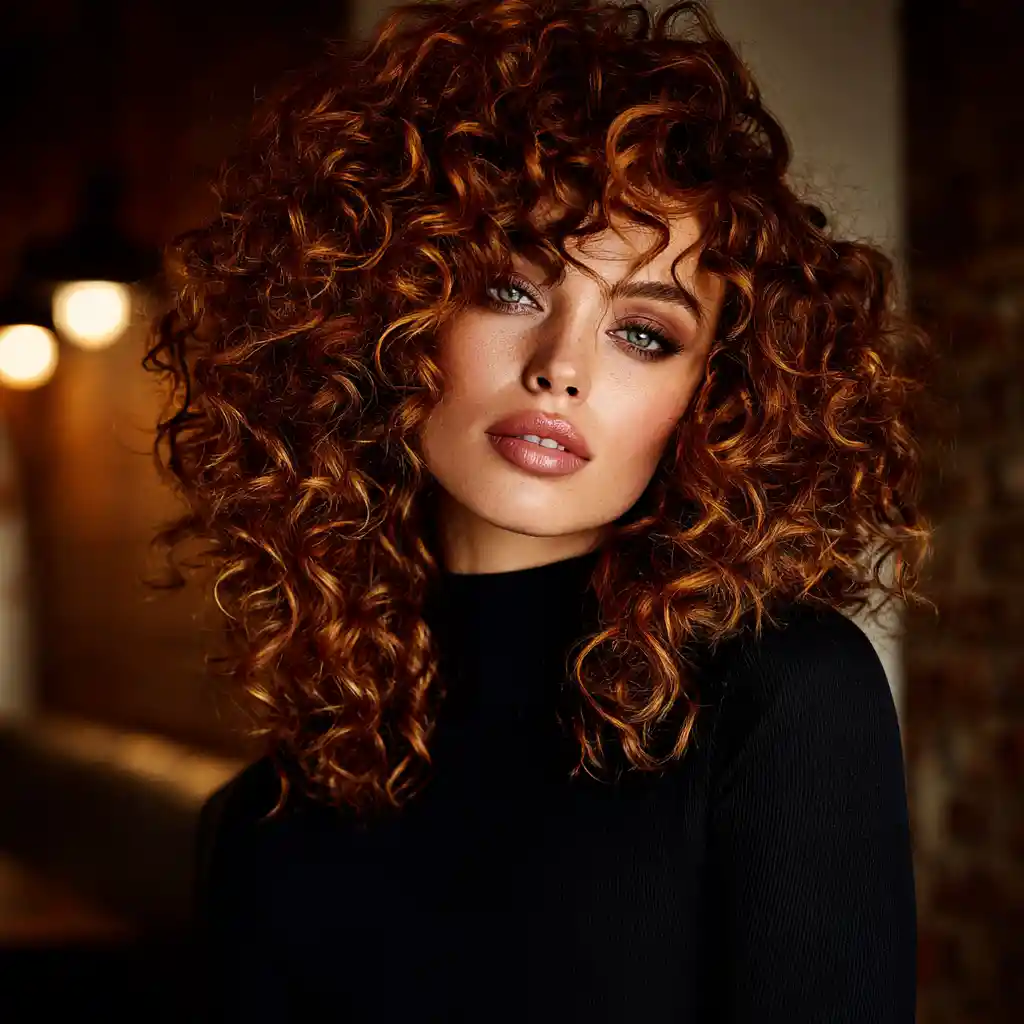Glamouröse Frau mit kupferroten Locken im weichen Innenlicht