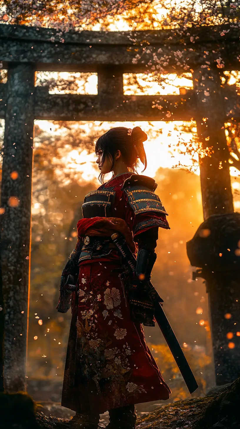Japanese warrior woman at ruined torii gate at sunset
