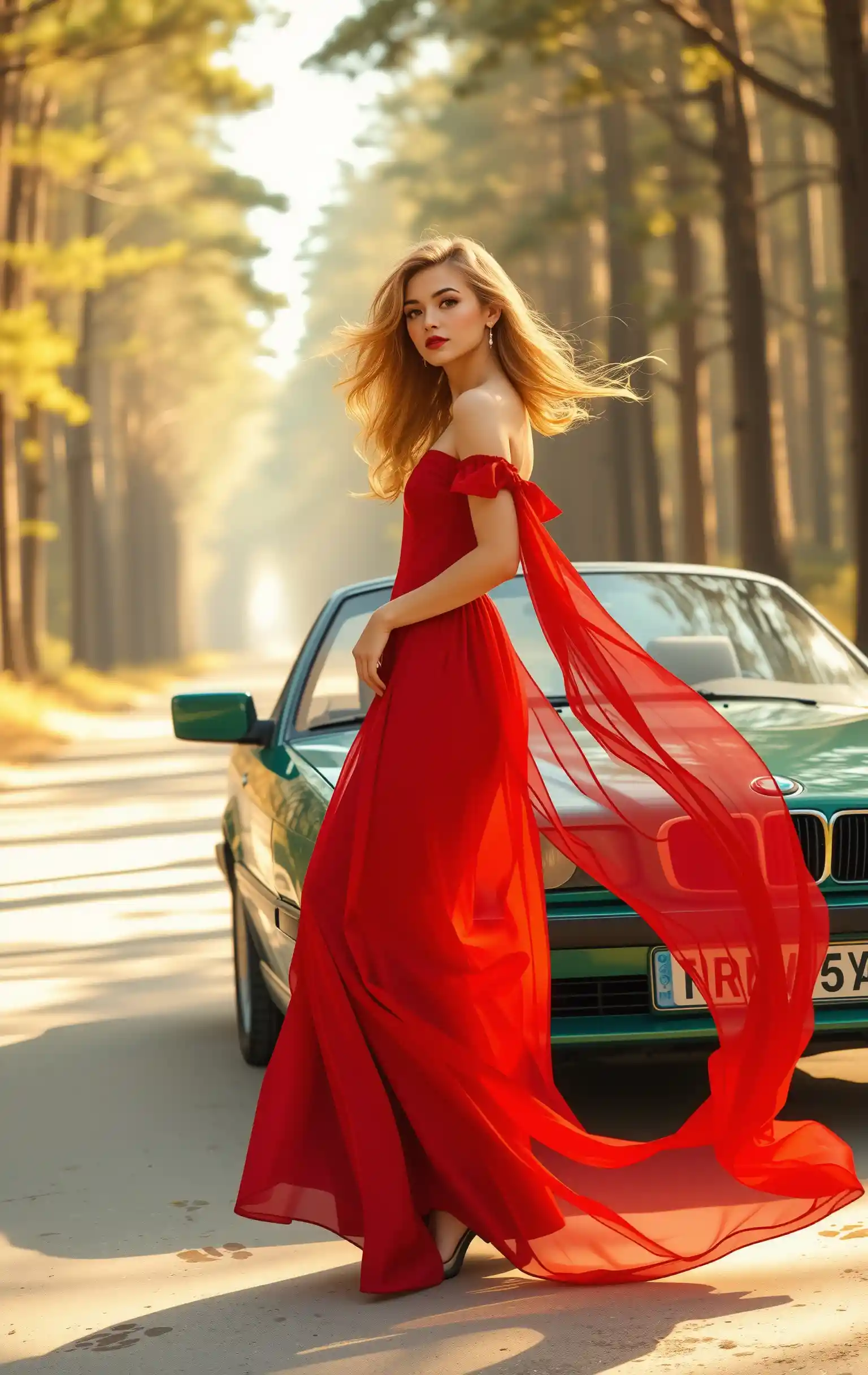 Elegant woman in red dress beside vintage green convertible