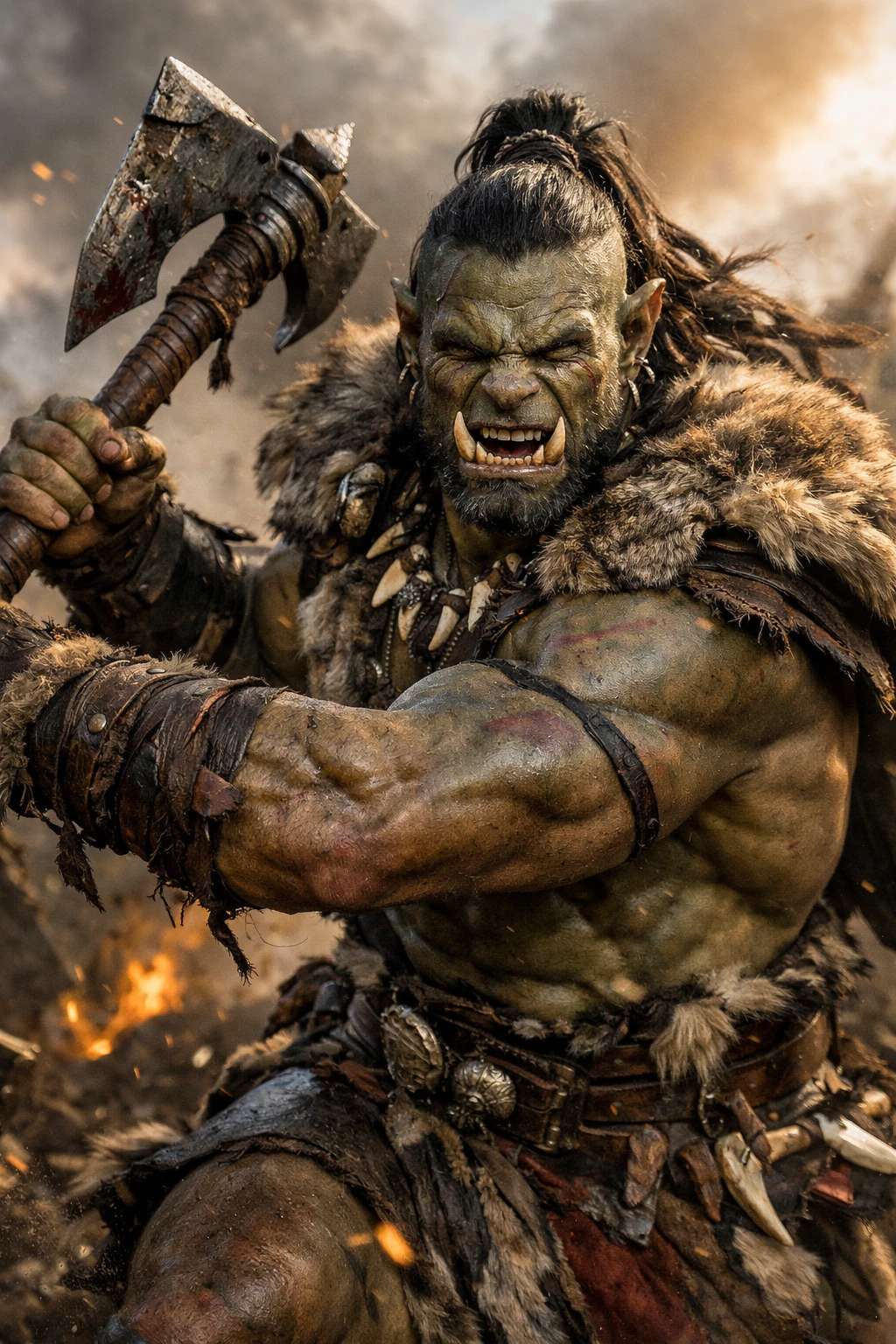 Photorealistic orc barbarian warrior holding an axe in furs