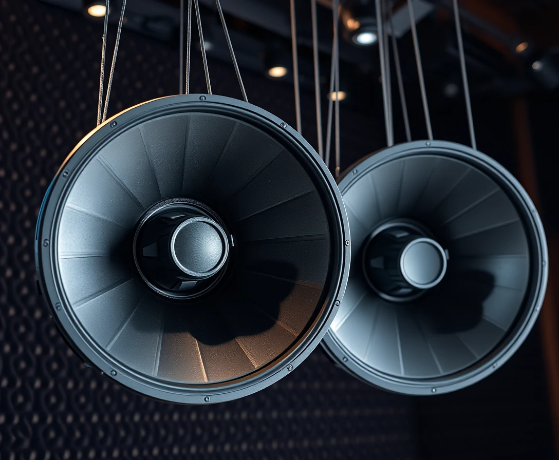 Close up studio view of large audio speaker cones