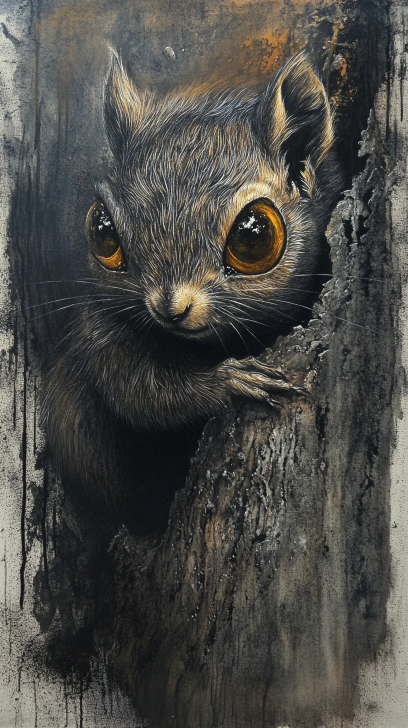 Mystical mixed media squirrel with large reflective eyes