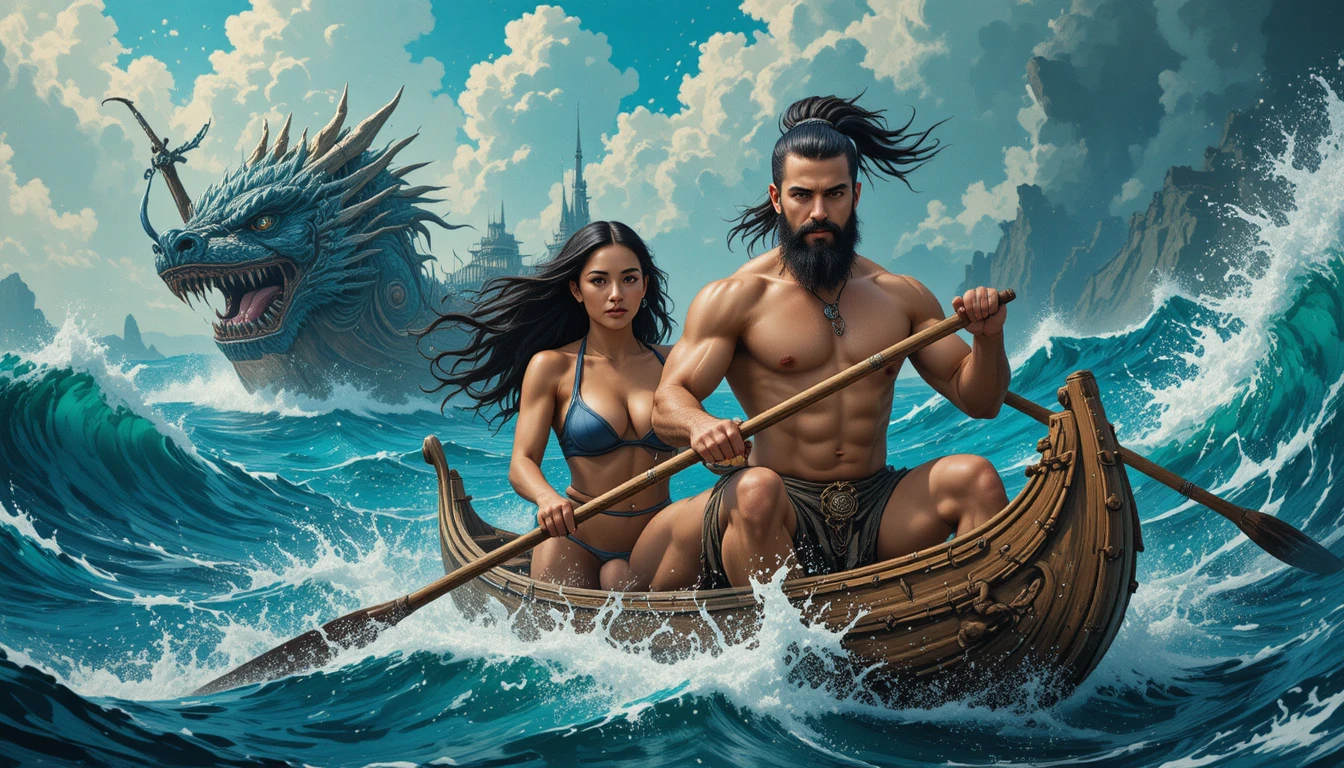 Warrior woman and man paddling canoe on stormy ocean