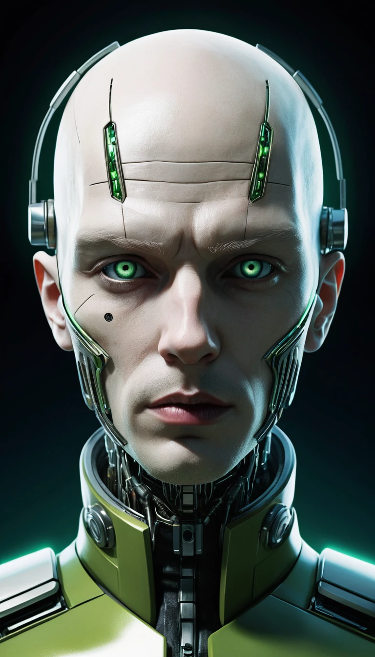 Close up portrait of a pale cyborg with glowing green eyes