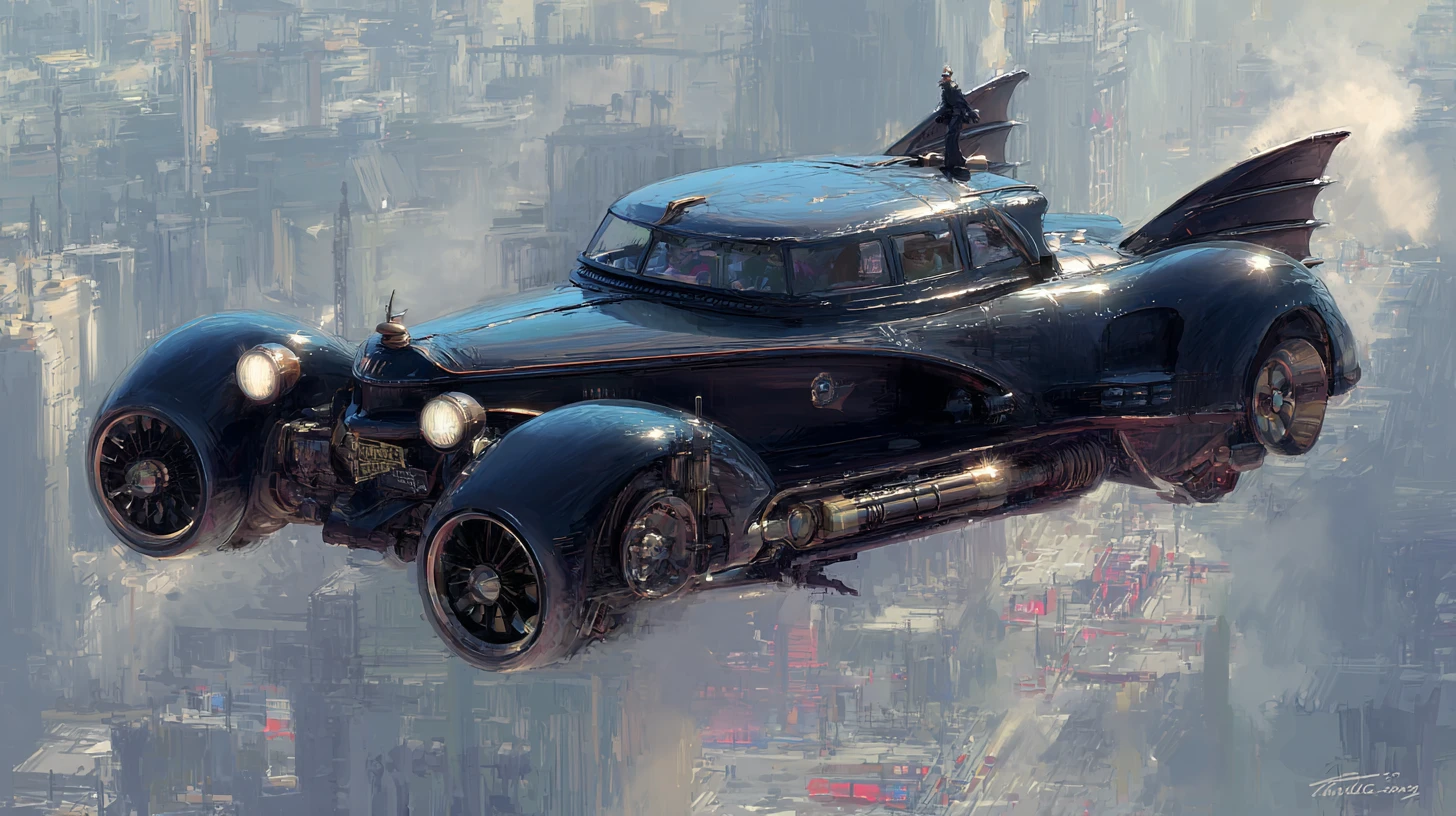 Auto volante retro-futuristica sopra una città notturna avvolta nella foschia