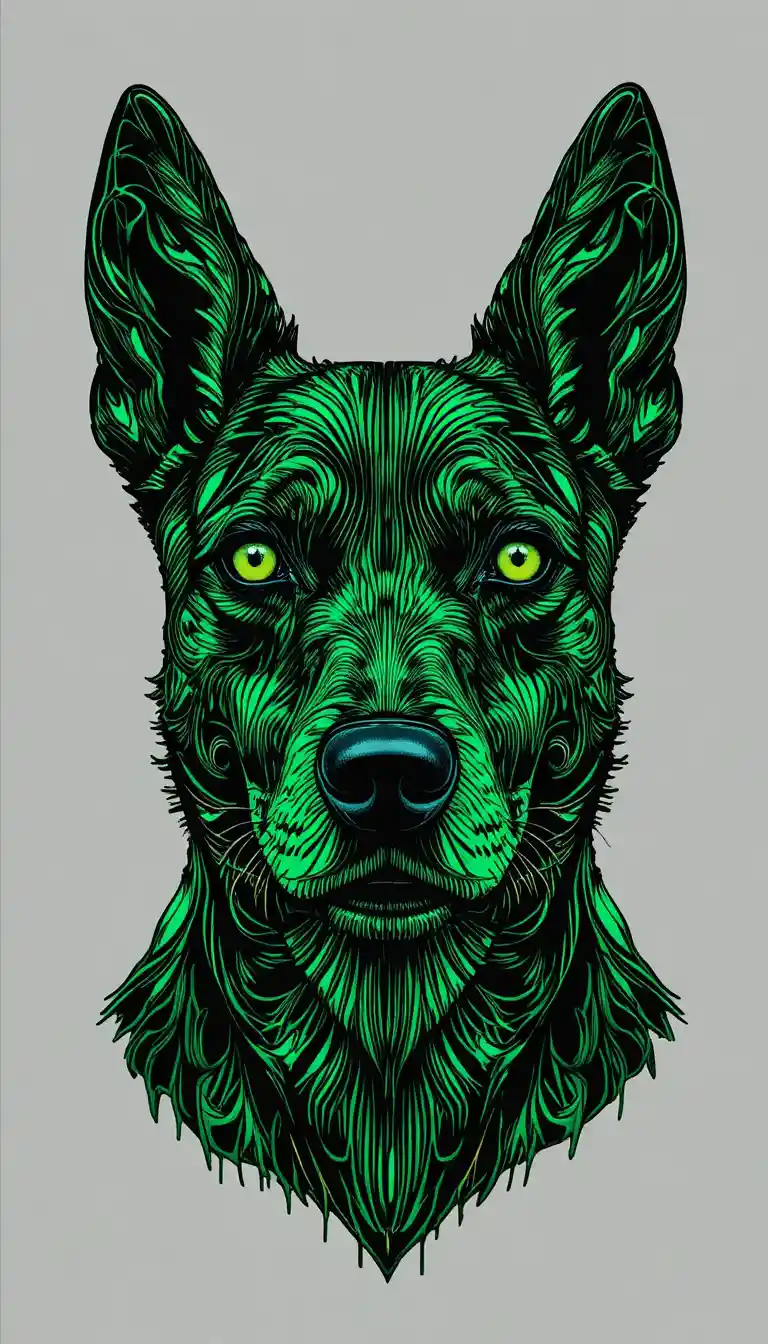 Hypnotisches abstraktes Hundegesicht in kräftigem Grün als Digital Art