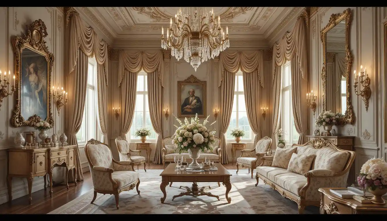 Luxuriöses klassisches Palastinterieur mit verzierten Möbeln und Kronleuchtern