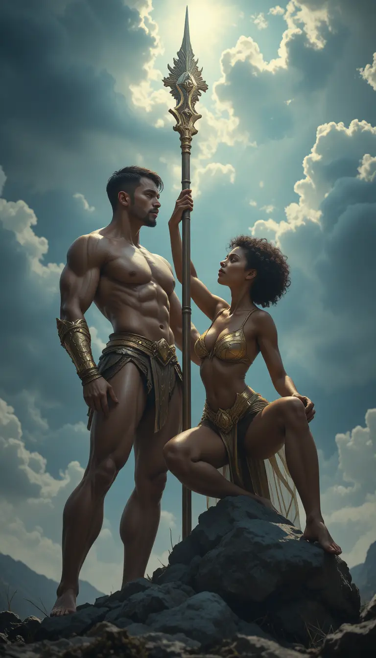 Heroic muscular couple kneeling under a bright mythical sky