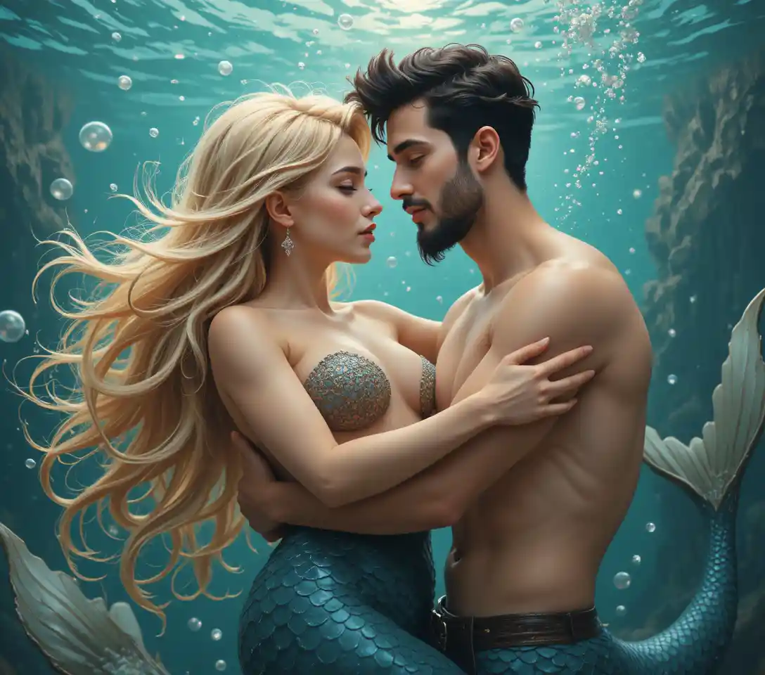Romantic Mermaid And Merman Embrace In Underwater Scene