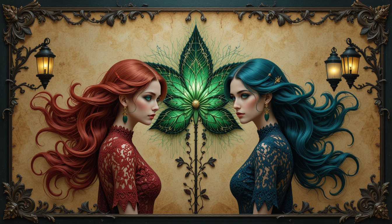 Regal woman with abstract leaf wall art and ornate frame