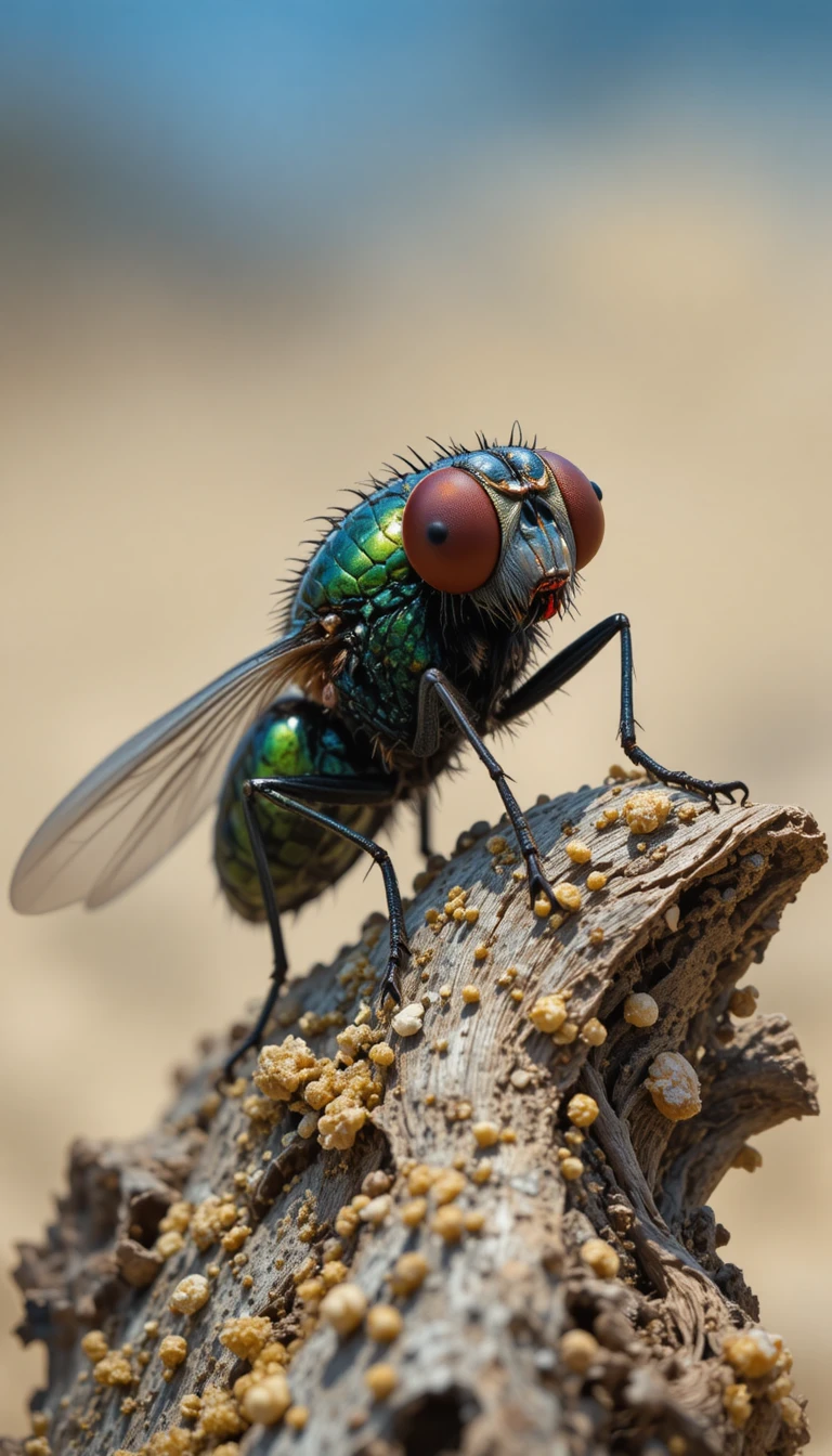 Realistic green fly on textured driftwood close up