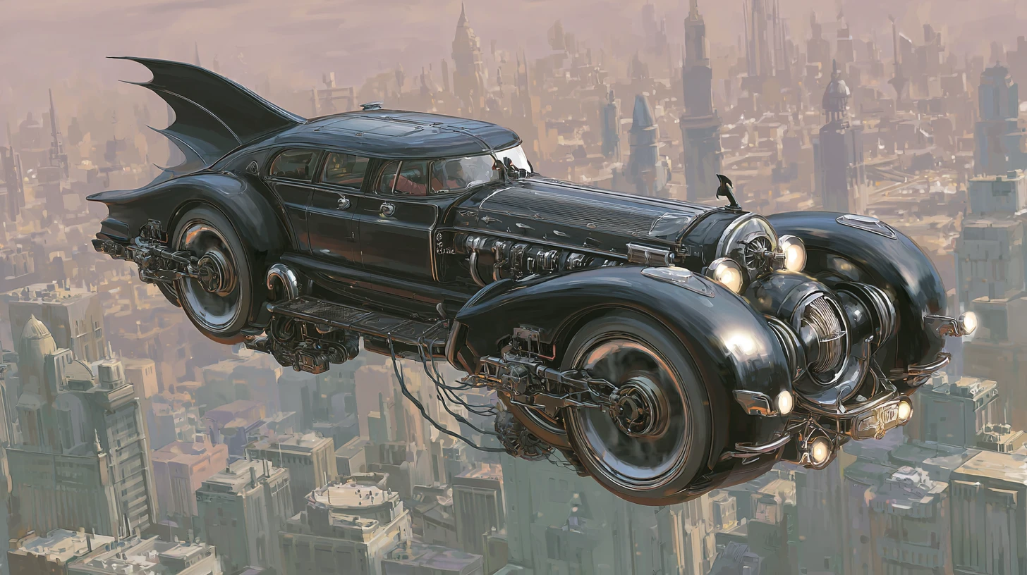 Auto volante retrò sopra lo skyline futuristico avvolto nella foschia