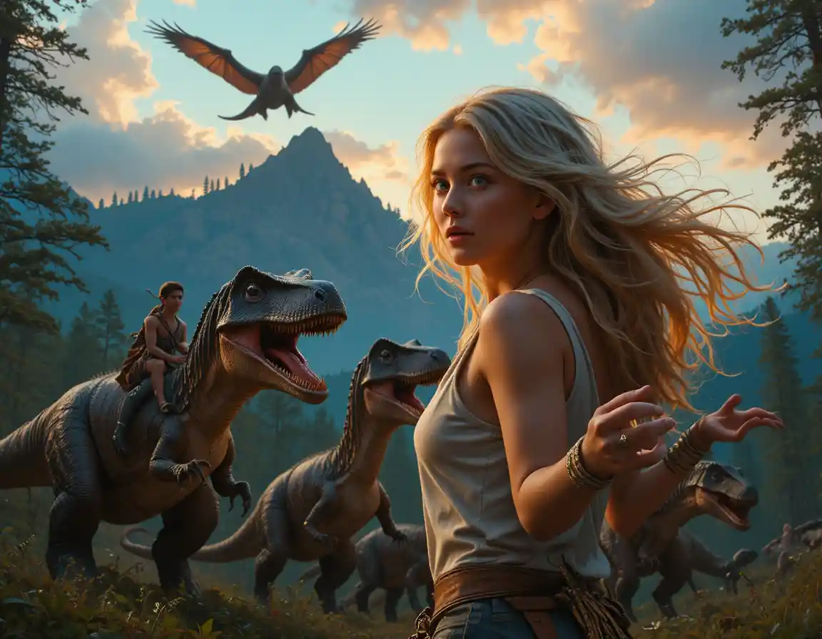 Donna sorpresa di fronte ai dinosauri in una foresta drammatica