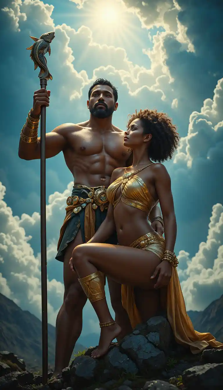 Heroic muscular couple kneeling under a bright celestial sky