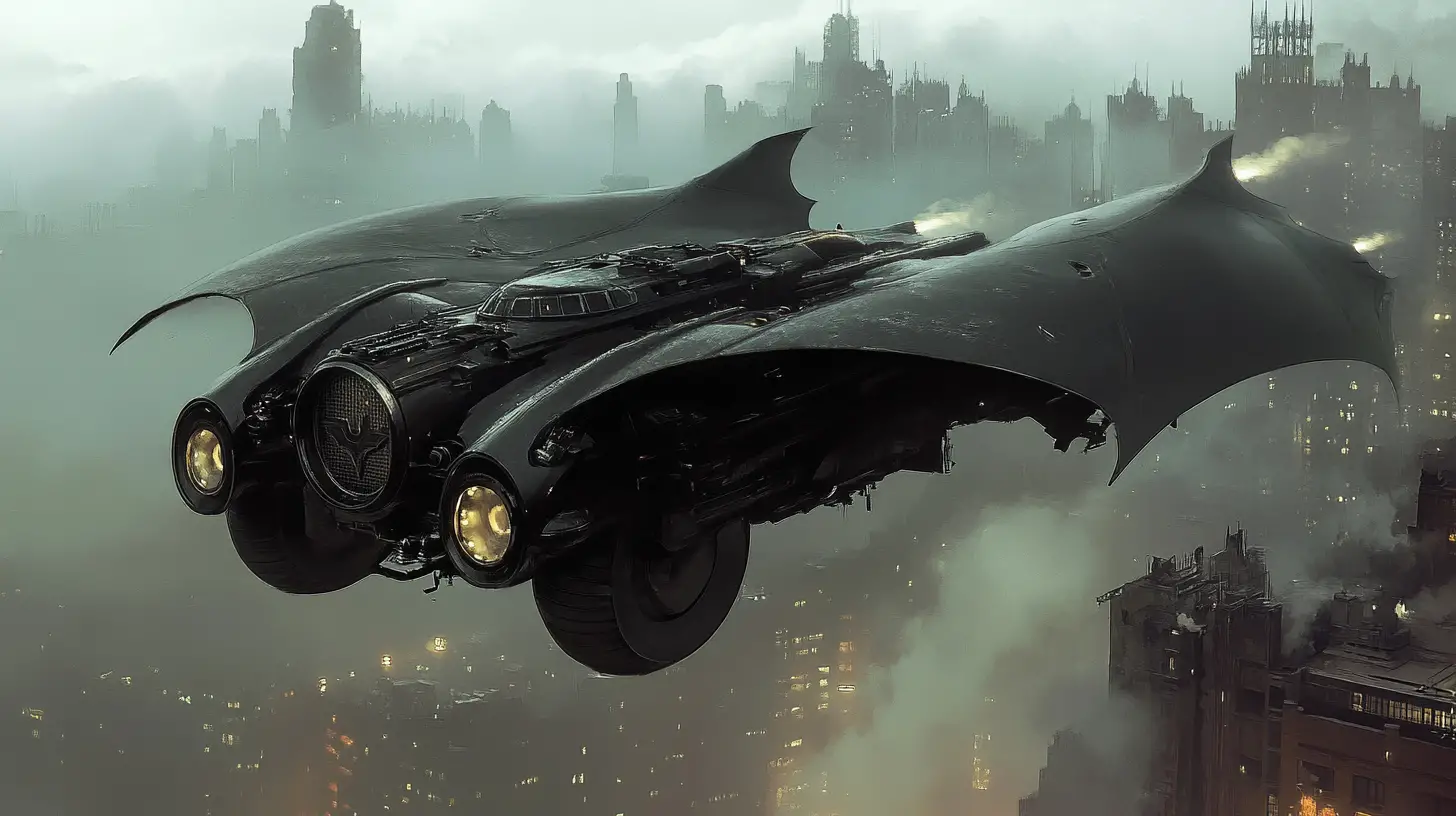 Retro futuristic flying car over hazy gothic cityscape