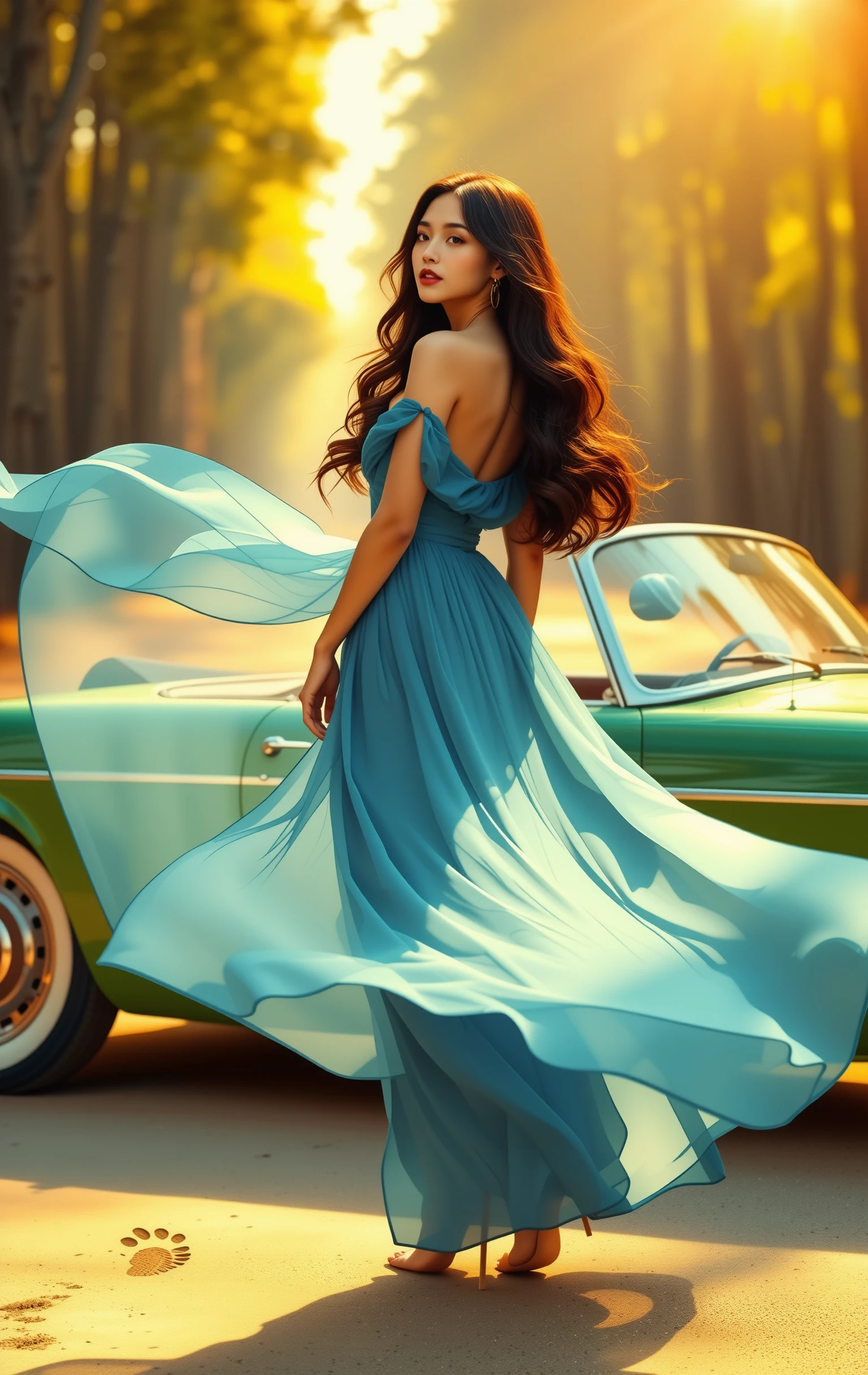 Elegante Frau neben einem Vintage-Cabrio auf einer Waldstraße