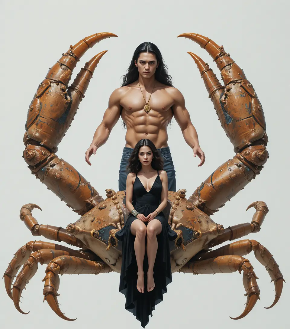 Surreal couple merged with a massive crab in white space