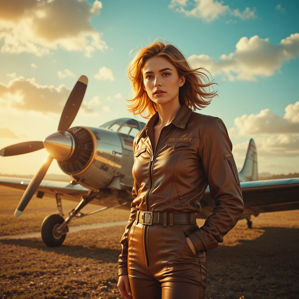 夕暮れのレトロ飛行機のそばに立つレザースーツ姿の女性パイロット