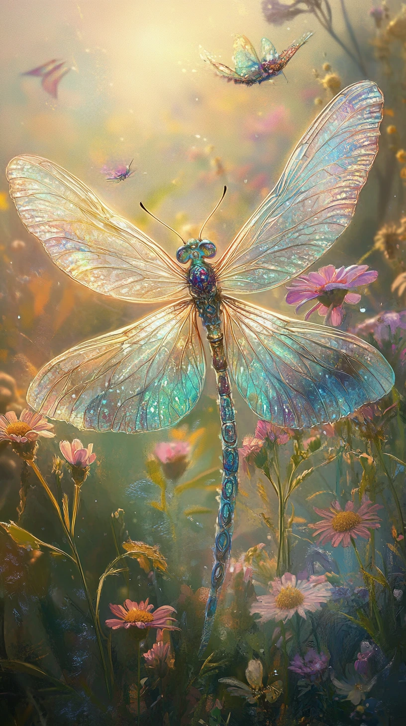 Ethereal dragonfly hybrid above wildflowers in sunlight