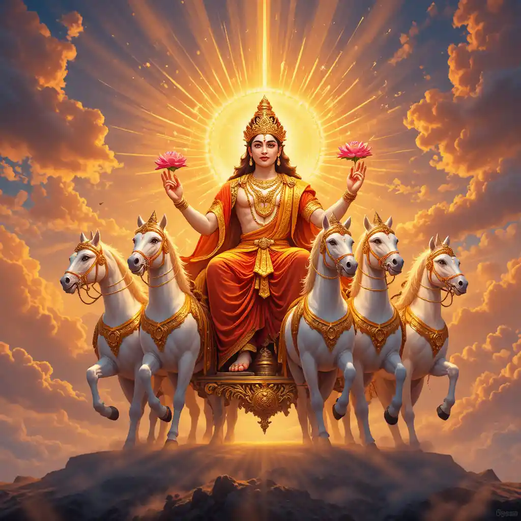 Hindu Sun God Surya on Golden Chariot at Sunrise