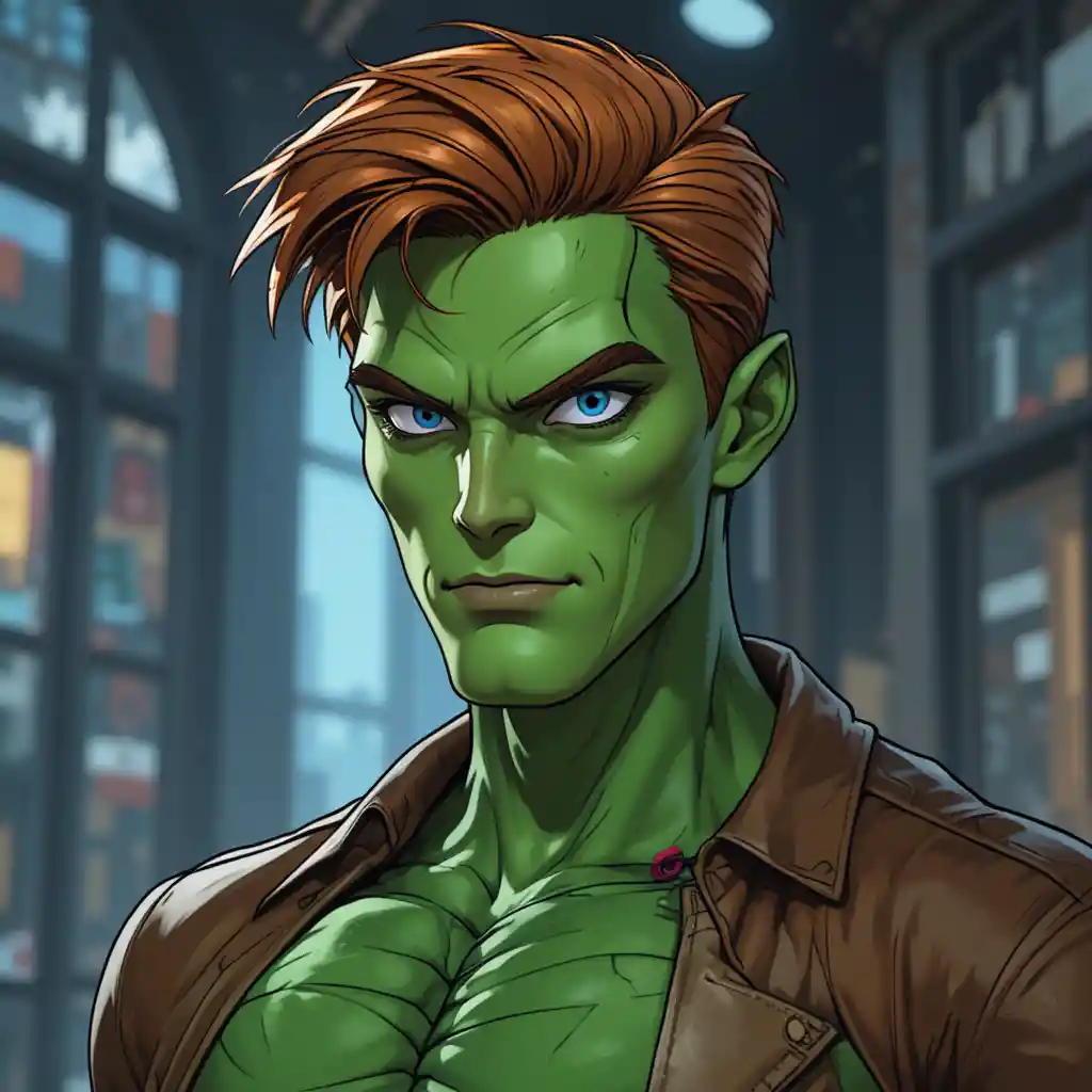 Animated male supervillain character with blue eyes and auburn hair