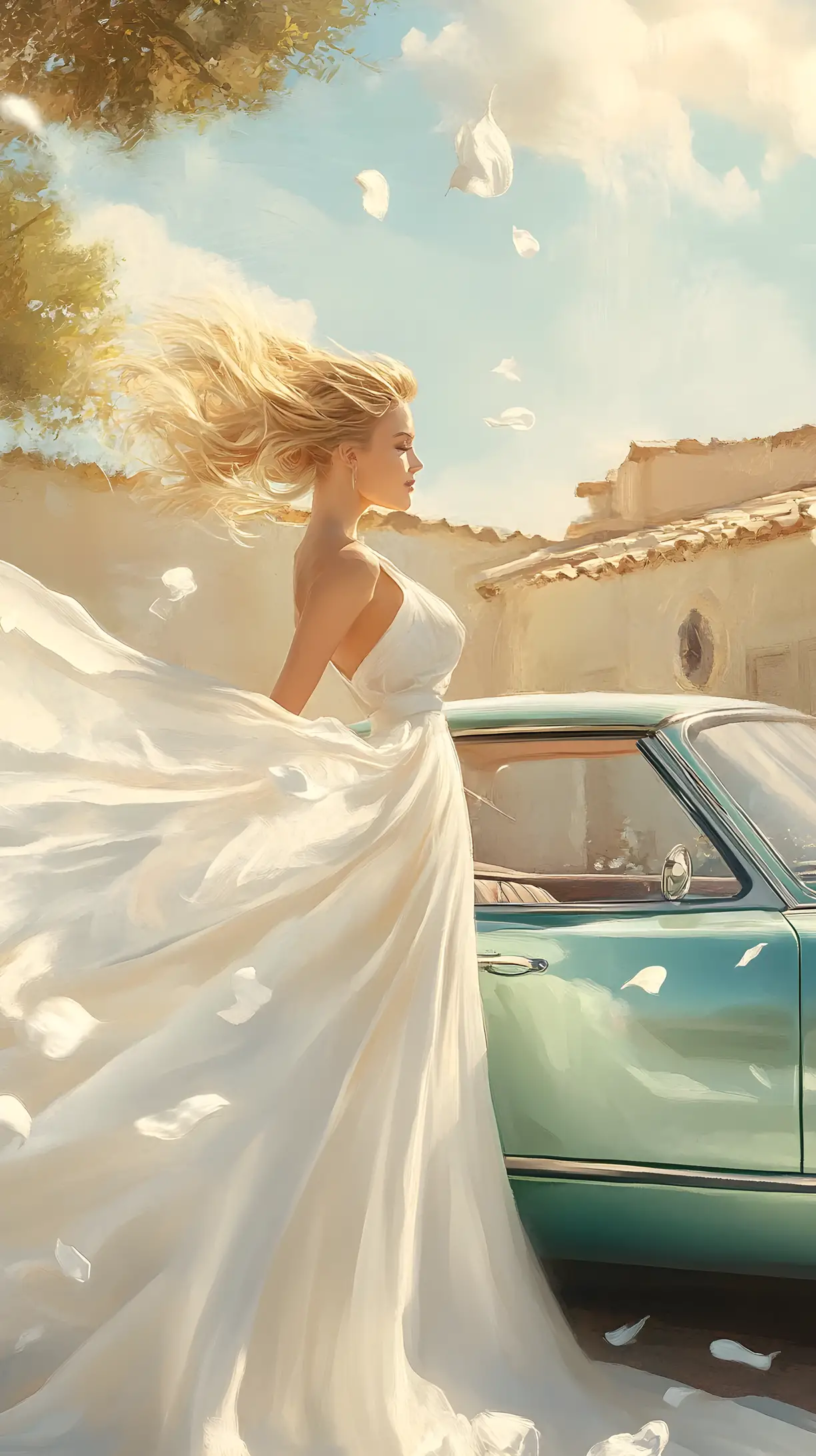 Elegant woman by green convertible on sunny village road