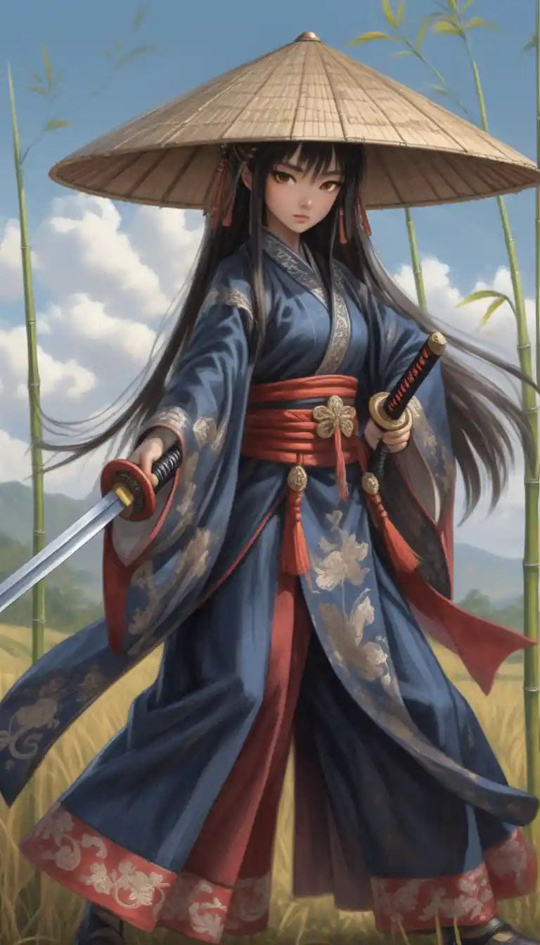 Female samurai drawing her katana in a windy field