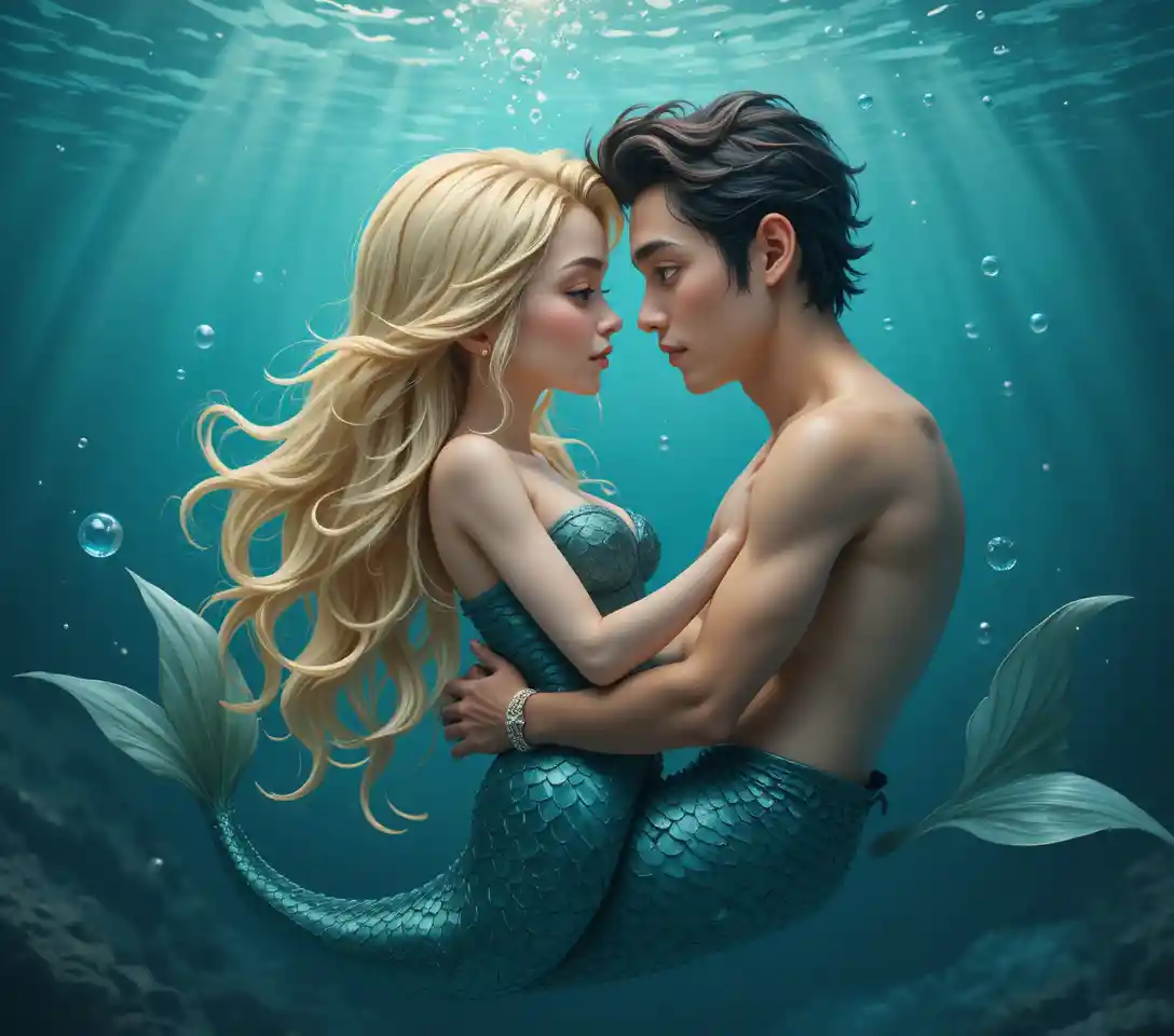 Mermaid And Merman In Passionate Underwater Embrace