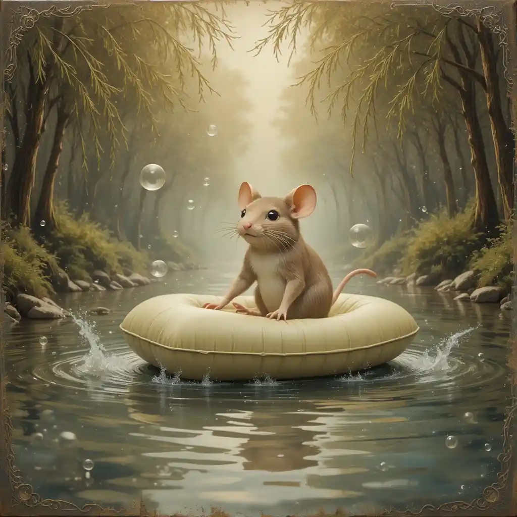 Whimsical Mouse Floating On Soap In A Dreamy River